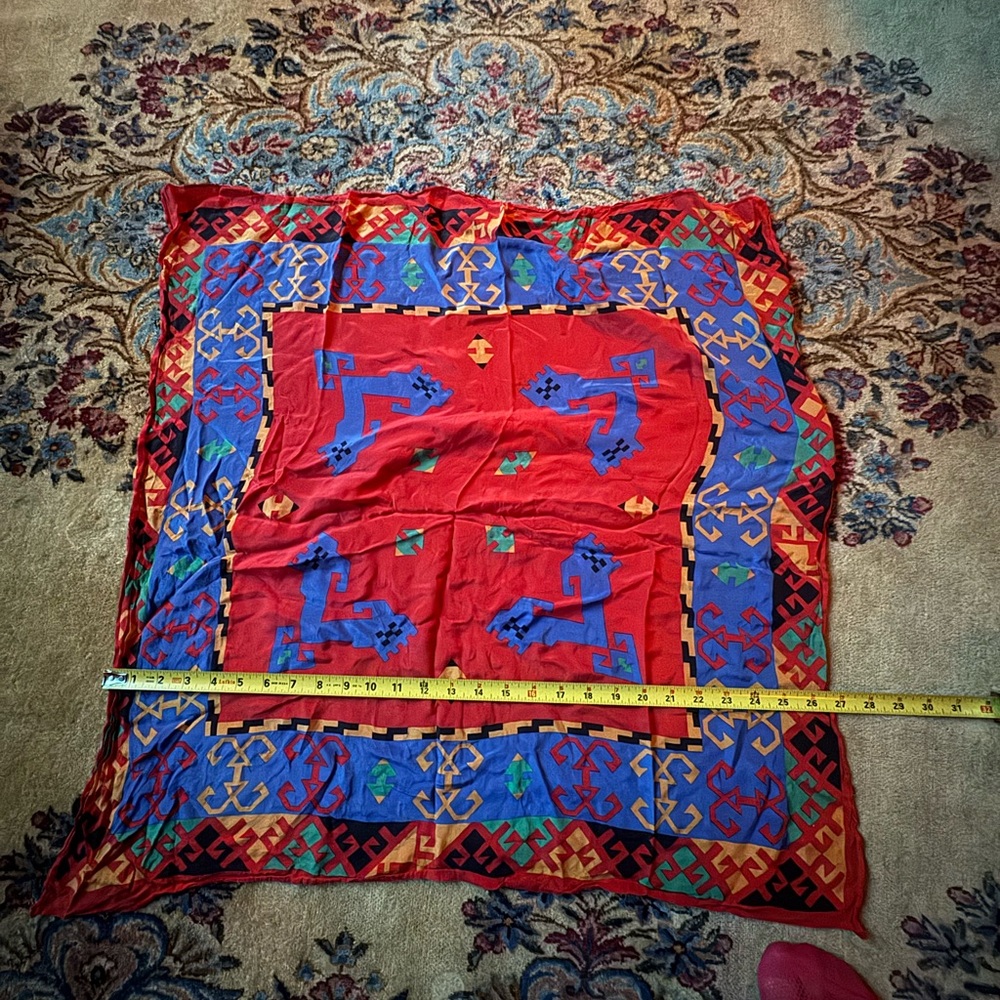 Vibrant Red and Blue Patterned Scarf